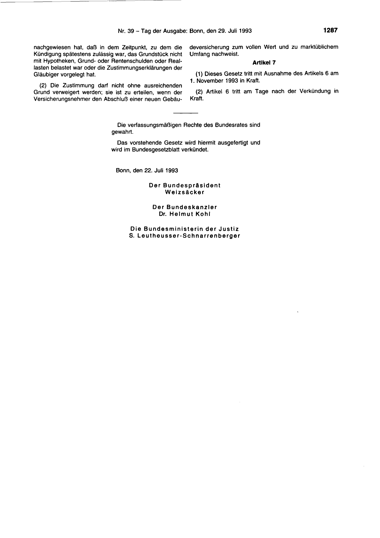 BGBl. 1993, Seite 1287 — Originalseite als Abbildung