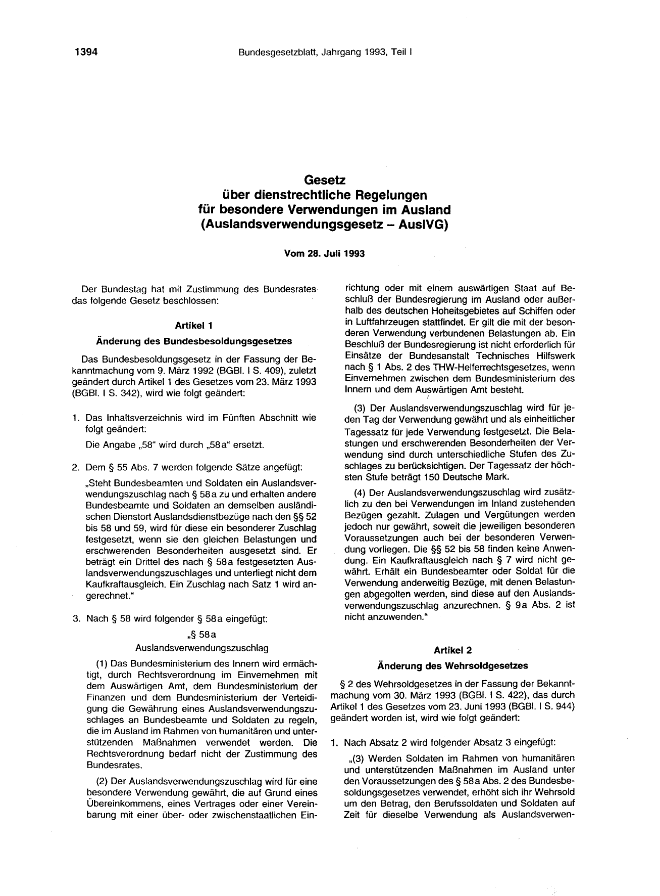 BGBl. 1993, Seite 1394 — Originalseite als Abbildung