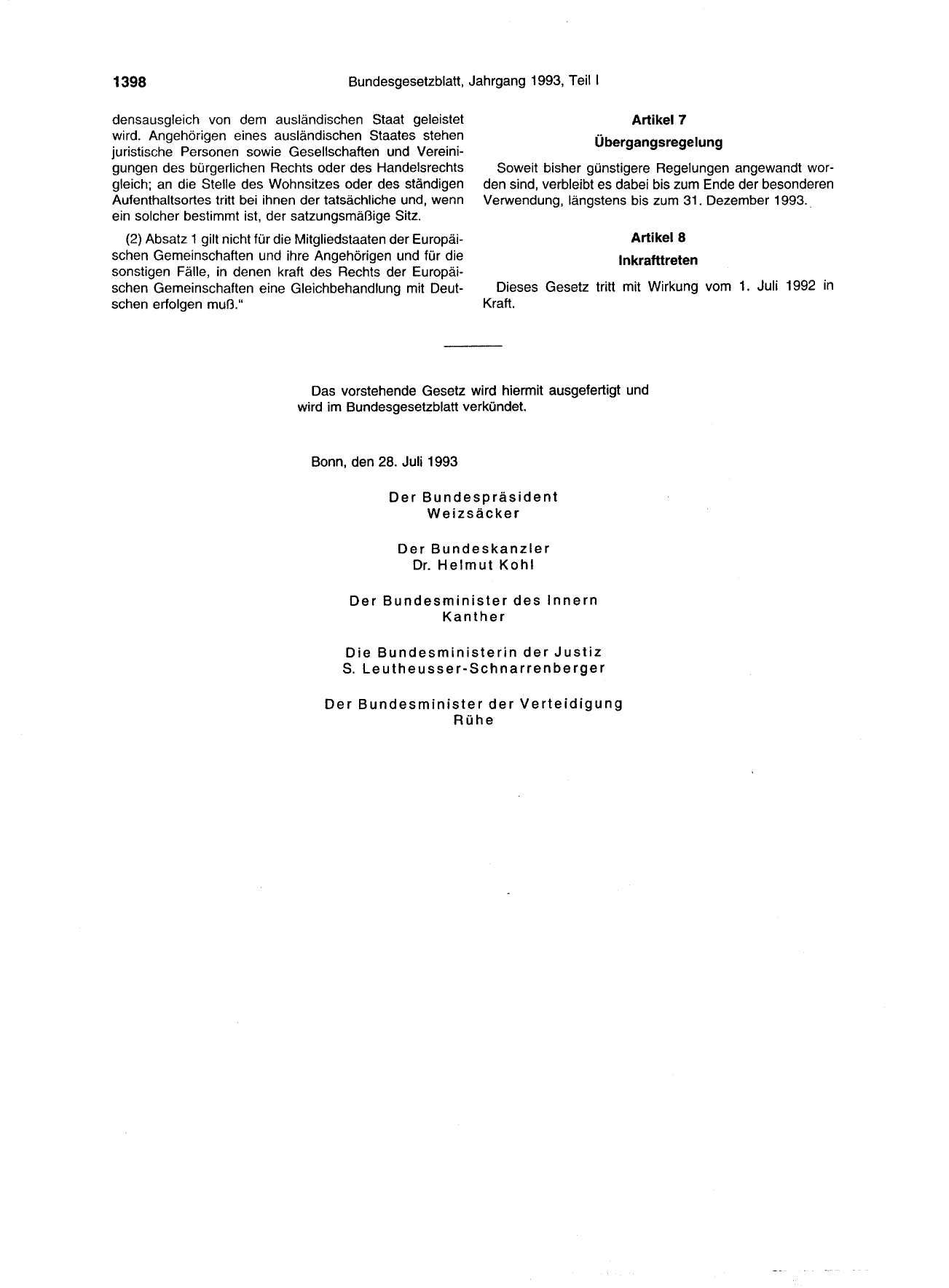 BGBl. 1993, Seite 1398 — Originalseite als Abbildung