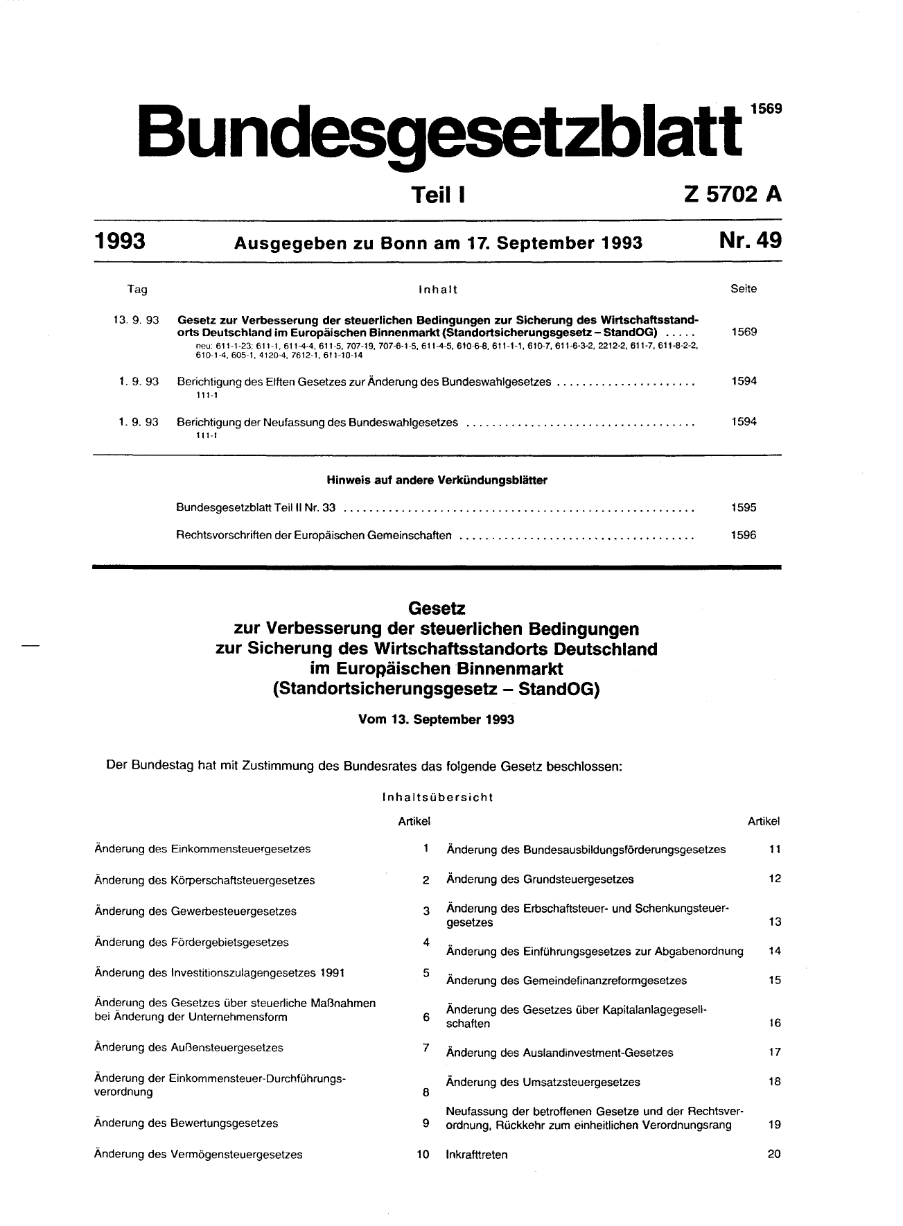BGBl. 1993, Seite 1569 — Originalseite als Abbildung