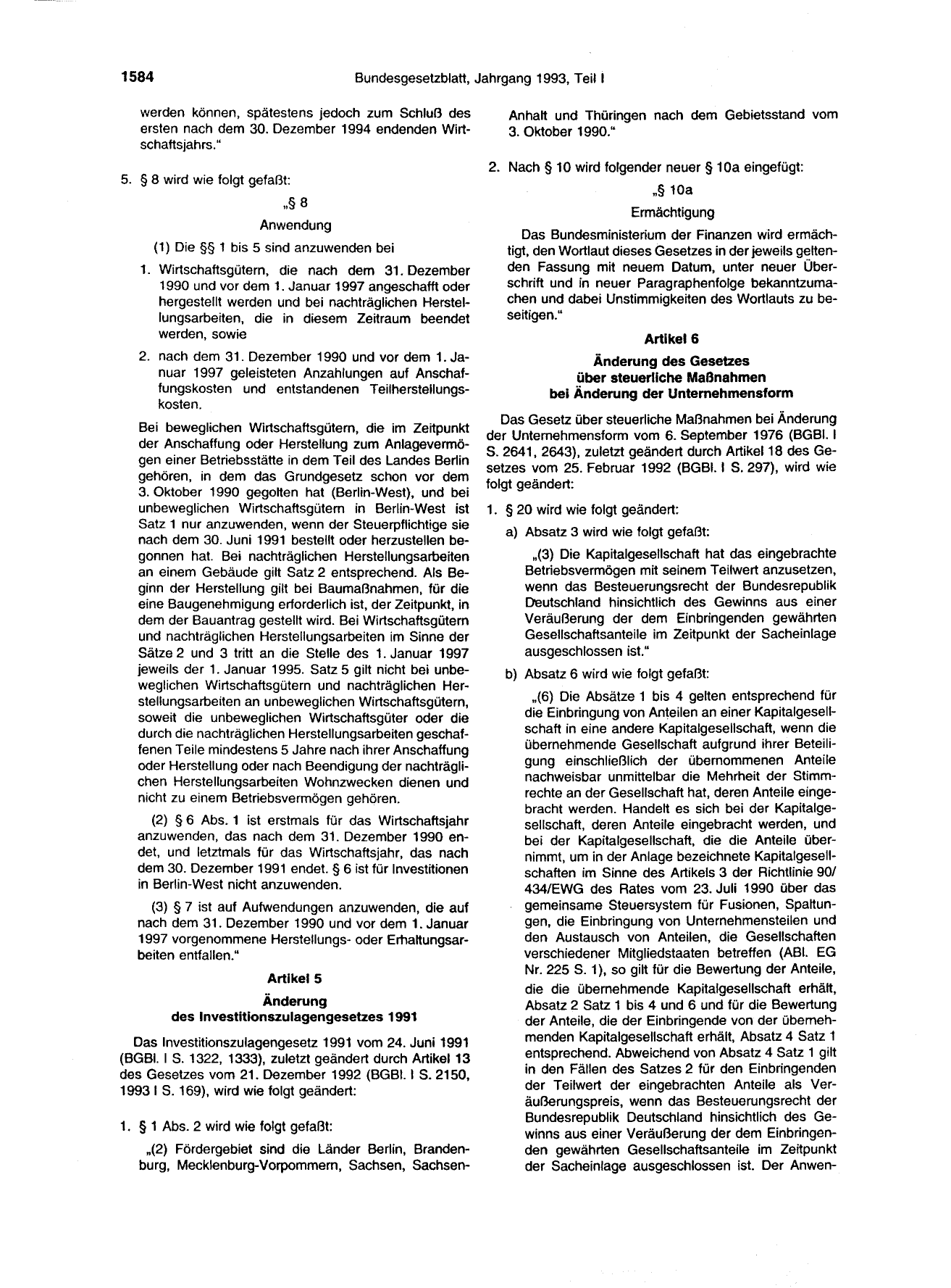 BGBl. 1993, Seite 1584 — Originalseite als Abbildung