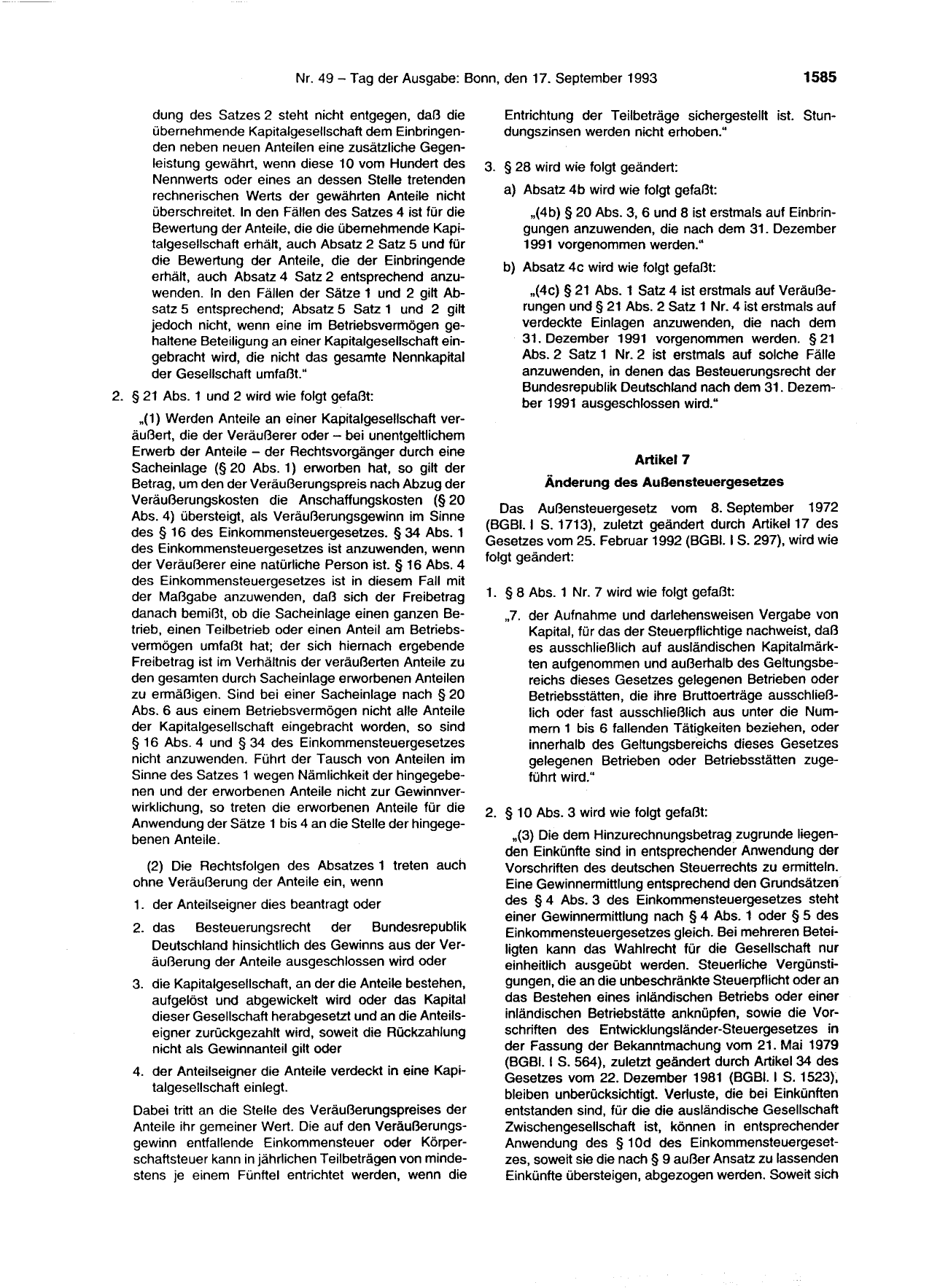 BGBl. 1993, Seite 1585 — Originalseite als Abbildung
