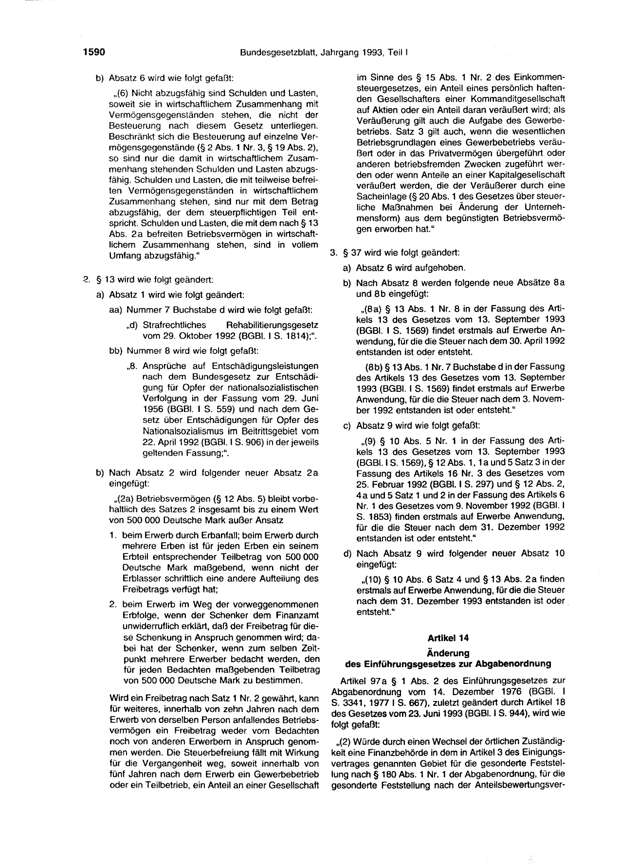 BGBl. 1993, Seite 1590 — Originalseite als Abbildung