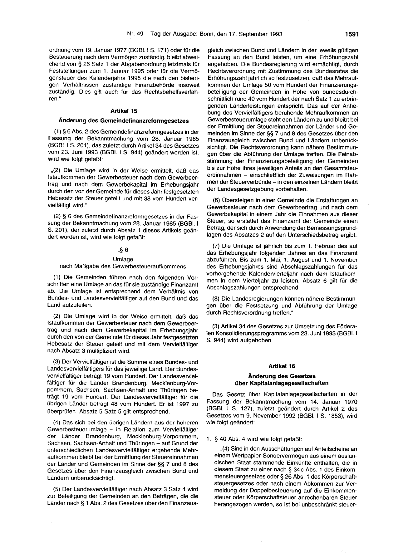 BGBl. 1993, Seite 1591 — Originalseite als Abbildung