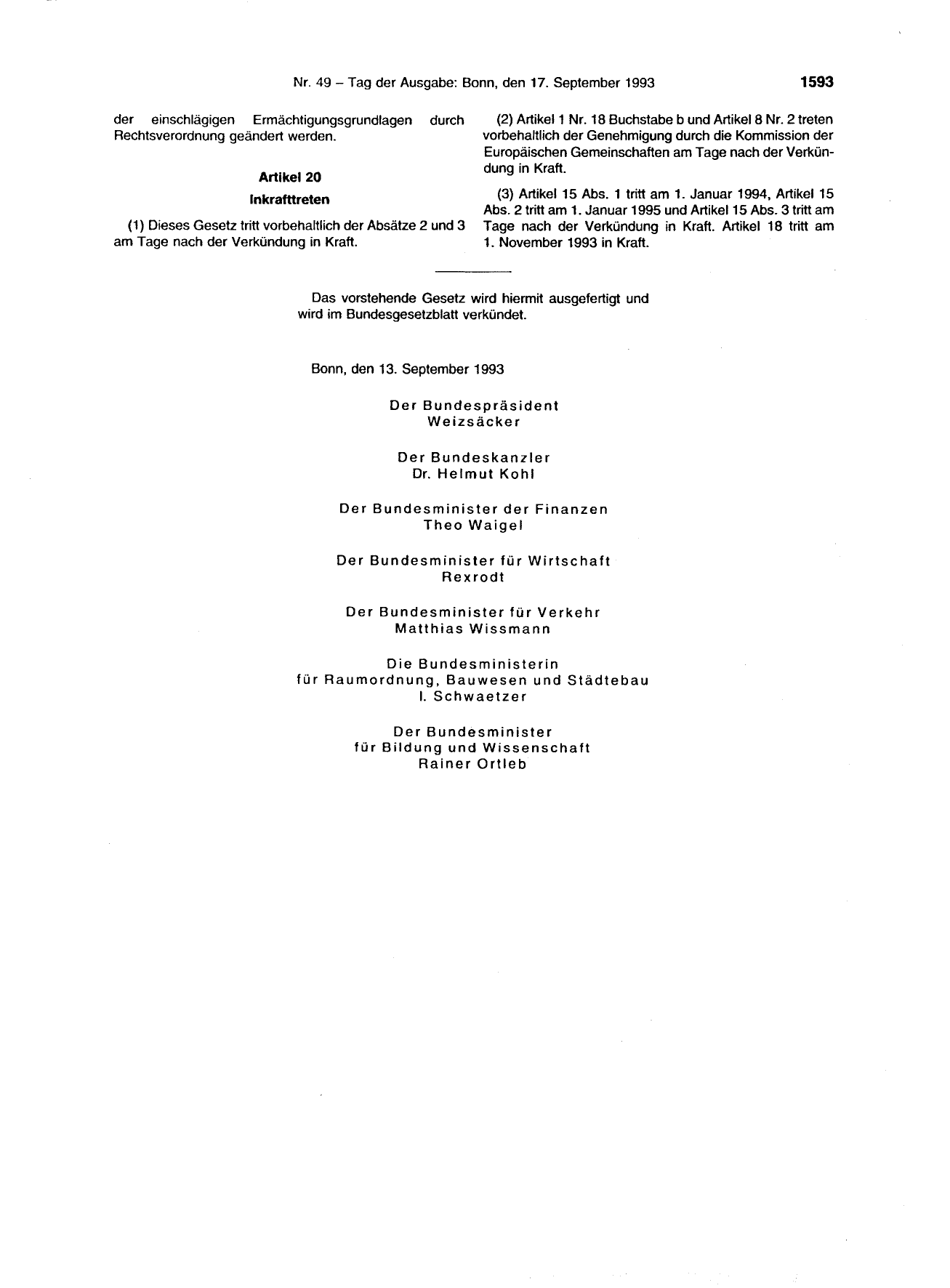 BGBl. 1993, Seite 1593 — Originalseite als Abbildung