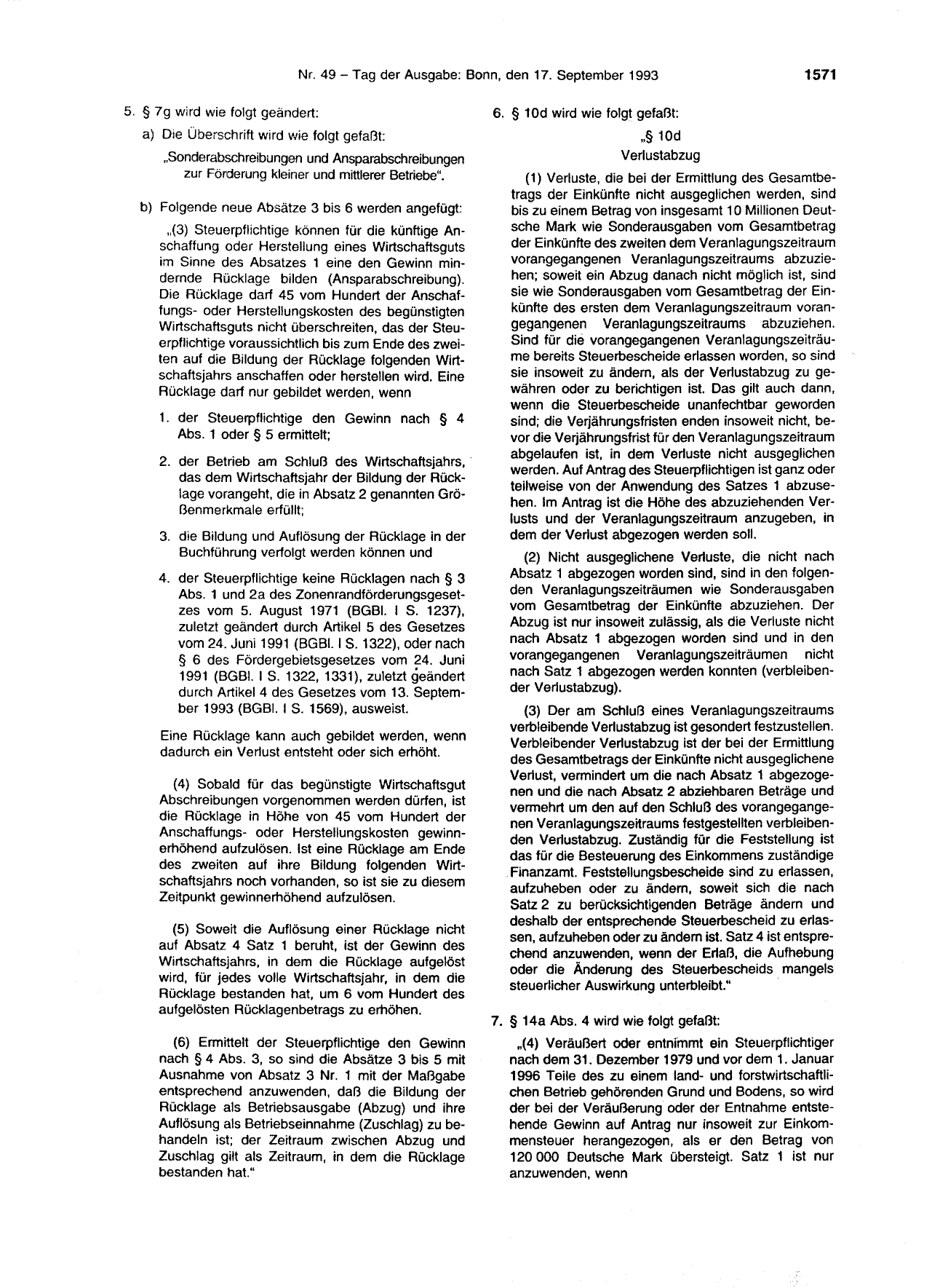 BGBl. 1993, Seite 1571 — Originalseite als Abbildung
