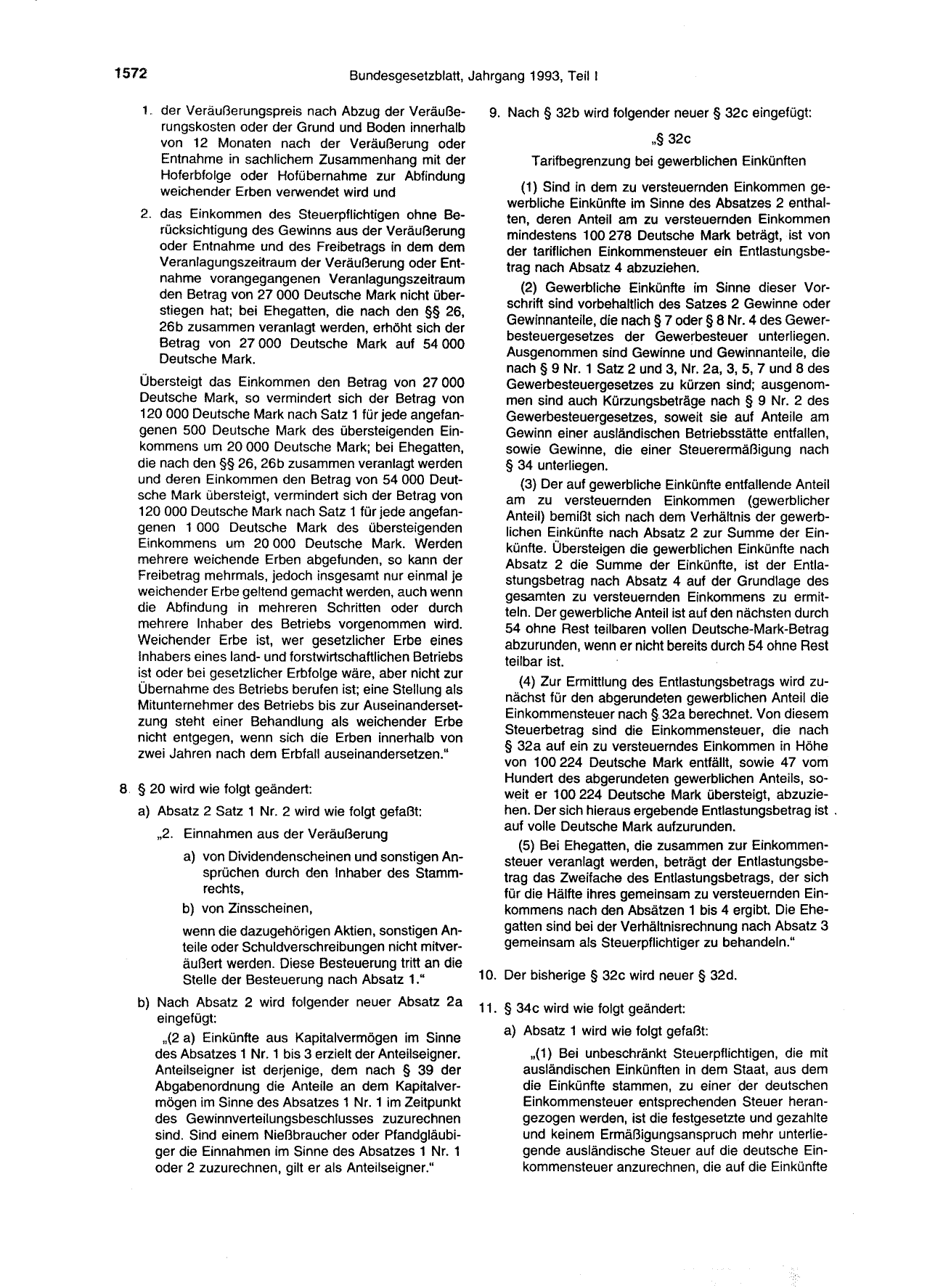BGBl. 1993, Seite 1572 — Originalseite als Abbildung