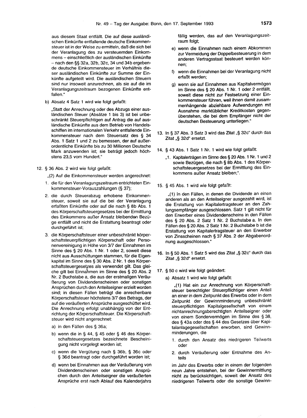 BGBl. 1993, Seite 1573 — Originalseite als Abbildung