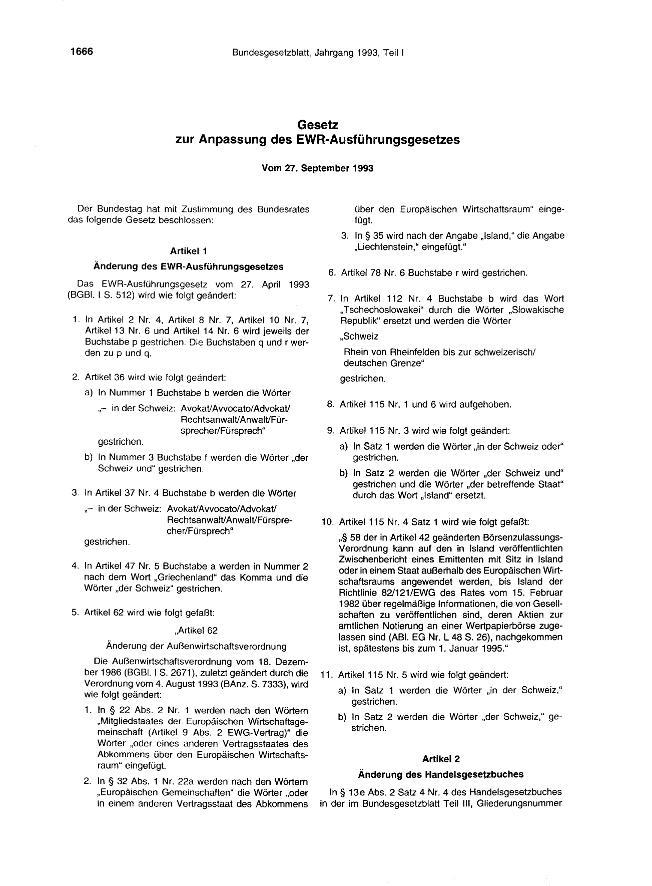 BGBl. 1993, Seite 1666 — Originalseite als Abbildung