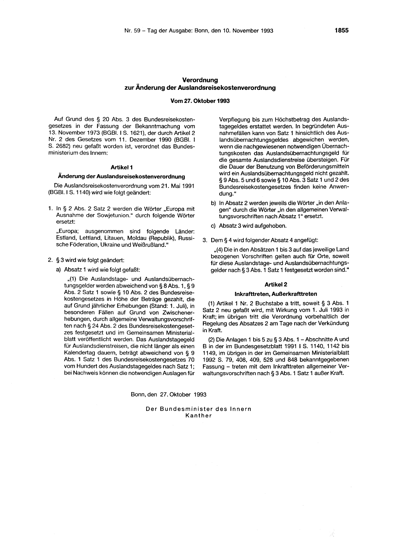 BGBl. 1993, Seite 1855 — Originalseite als Abbildung
