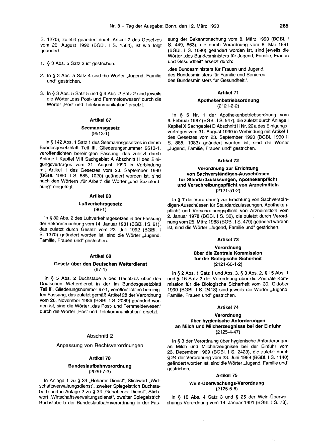 BGBl. 1993, Seite 285 — Originalseite als Abbildung