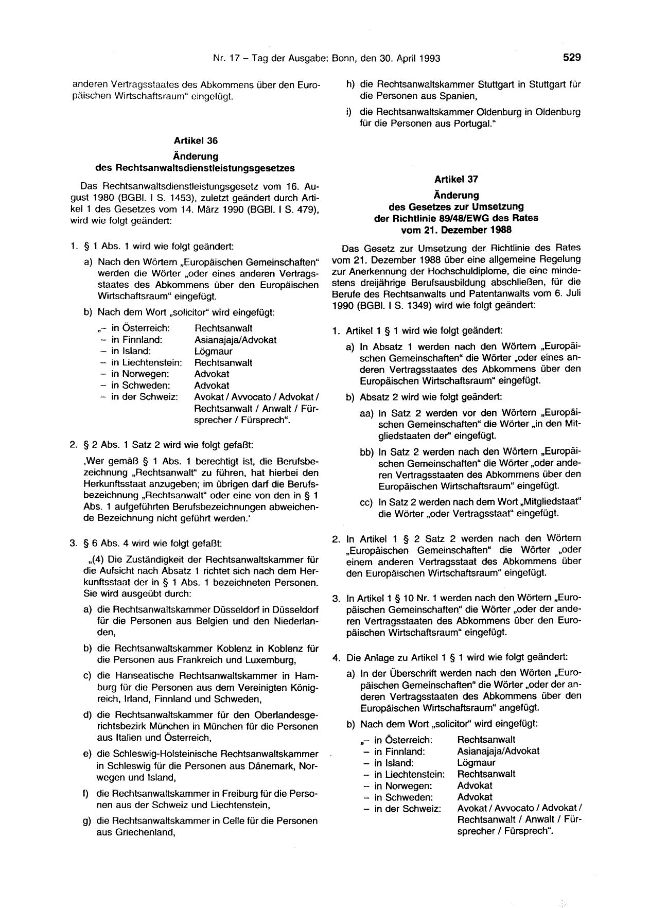 BGBl. 1993, Seite 529 — Originalseite als Abbildung