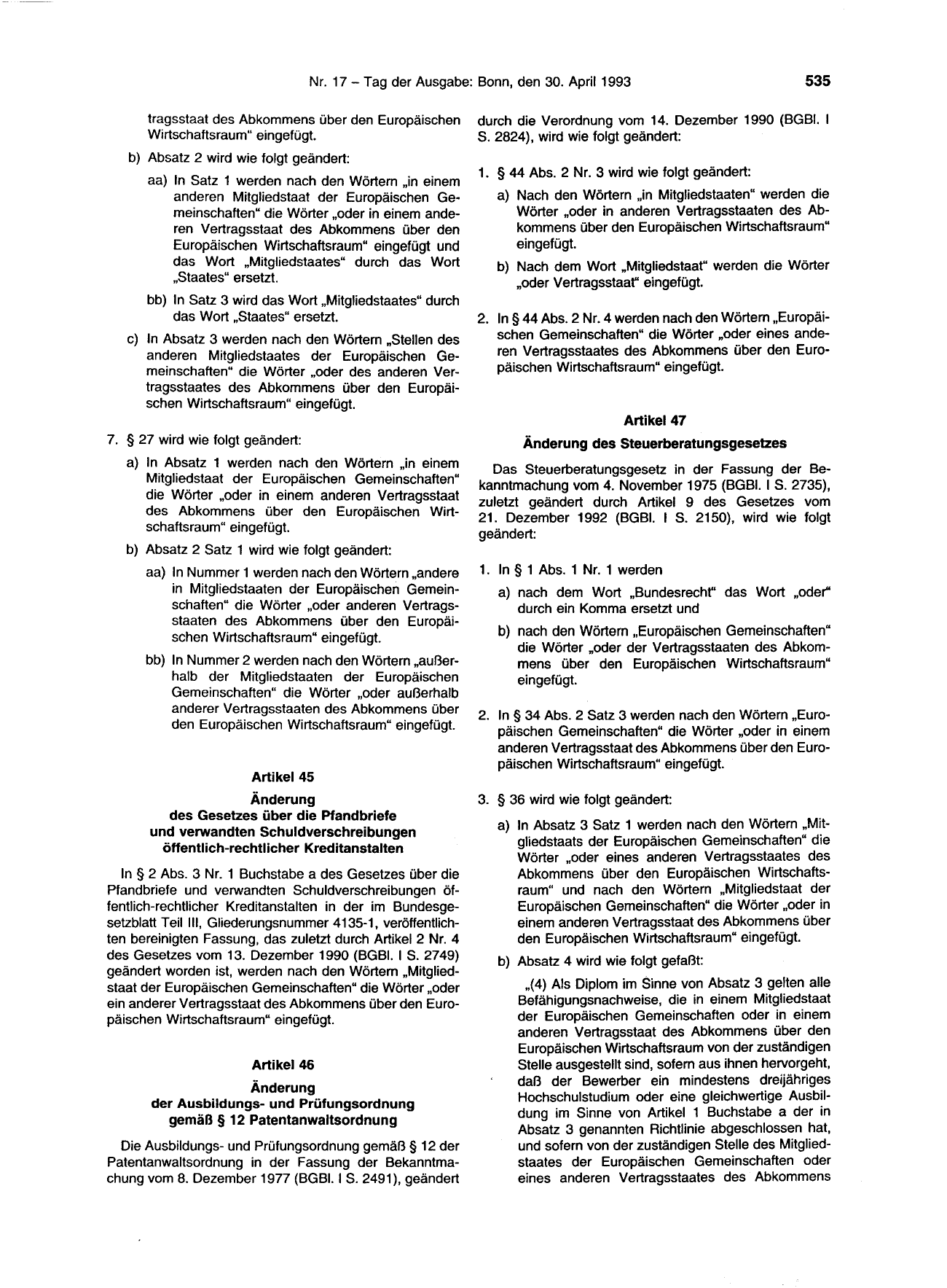BGBl. 1993, Seite 535 — Originalseite als Abbildung