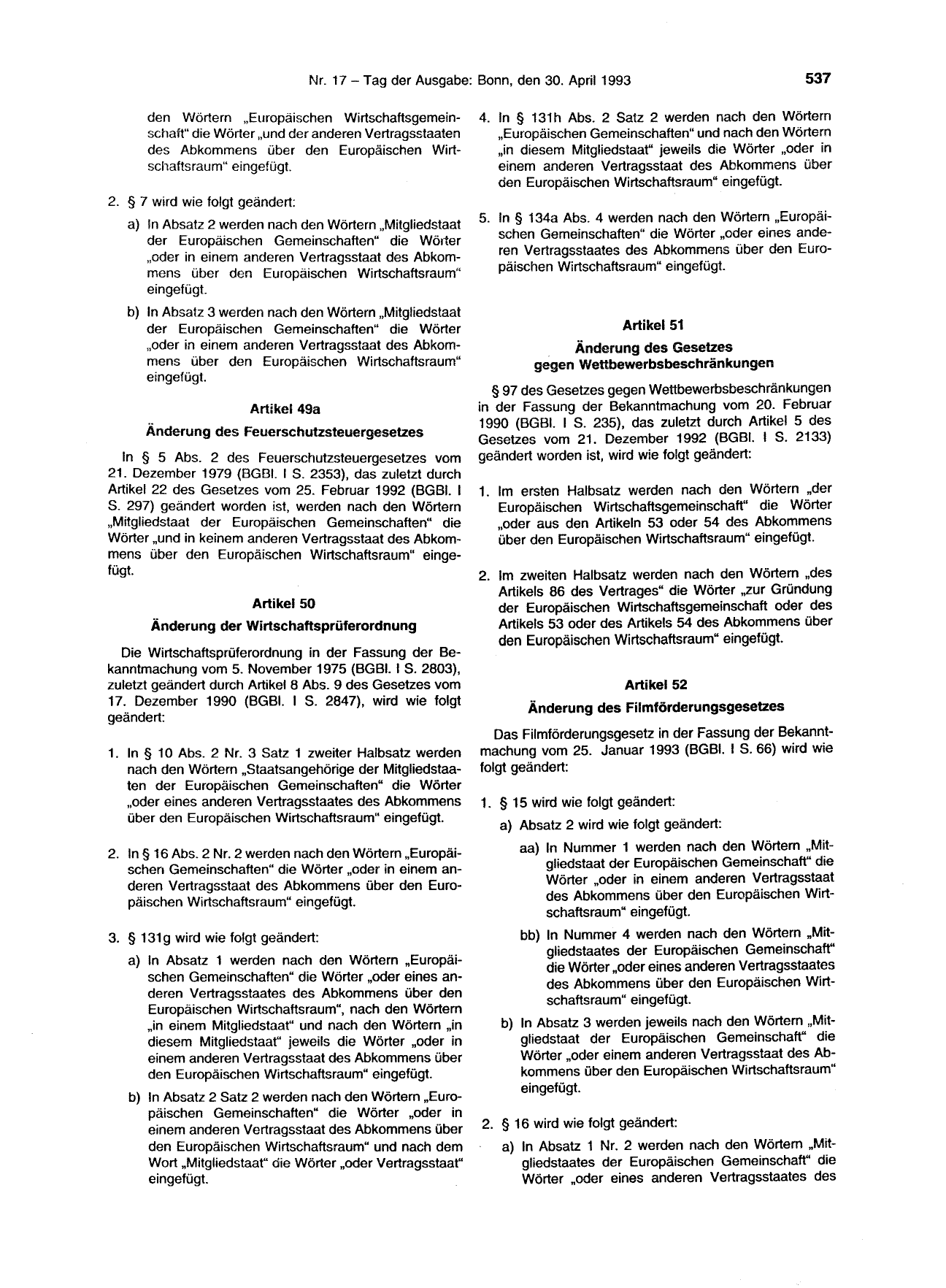 BGBl. 1993, Seite 537 — Originalseite als Abbildung