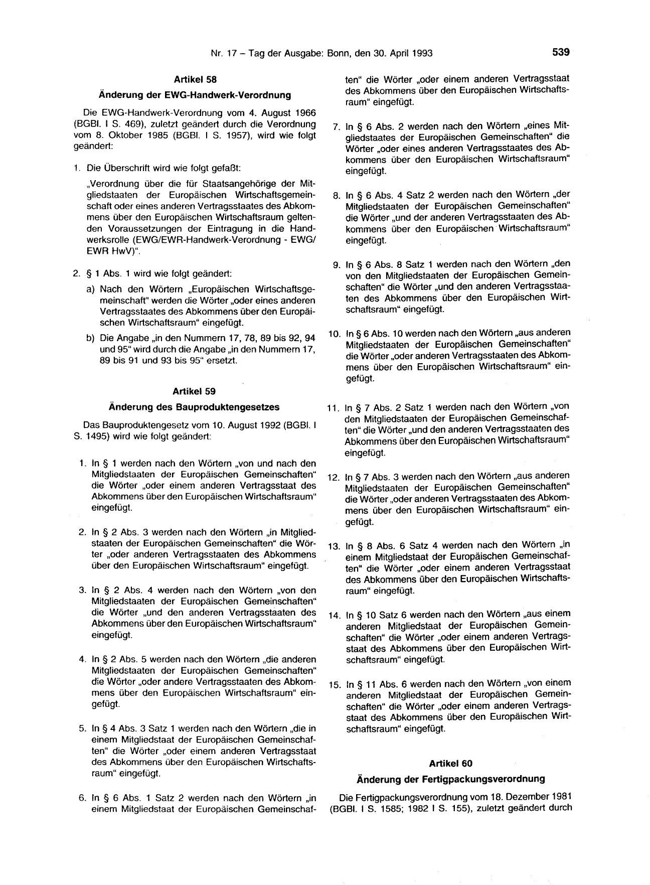 BGBl. 1993, Seite 539 — Originalseite als Abbildung