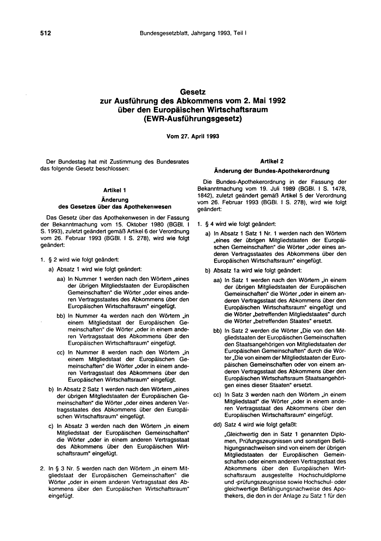 BGBl. 1993, Seite 512 — Originalseite als Abbildung