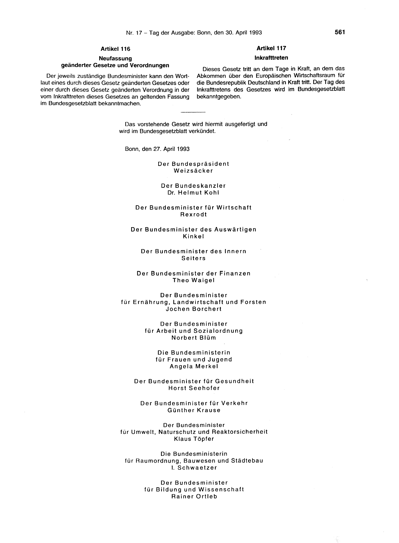 BGBl. 1993, Seite 561 — Originalseite als Abbildung