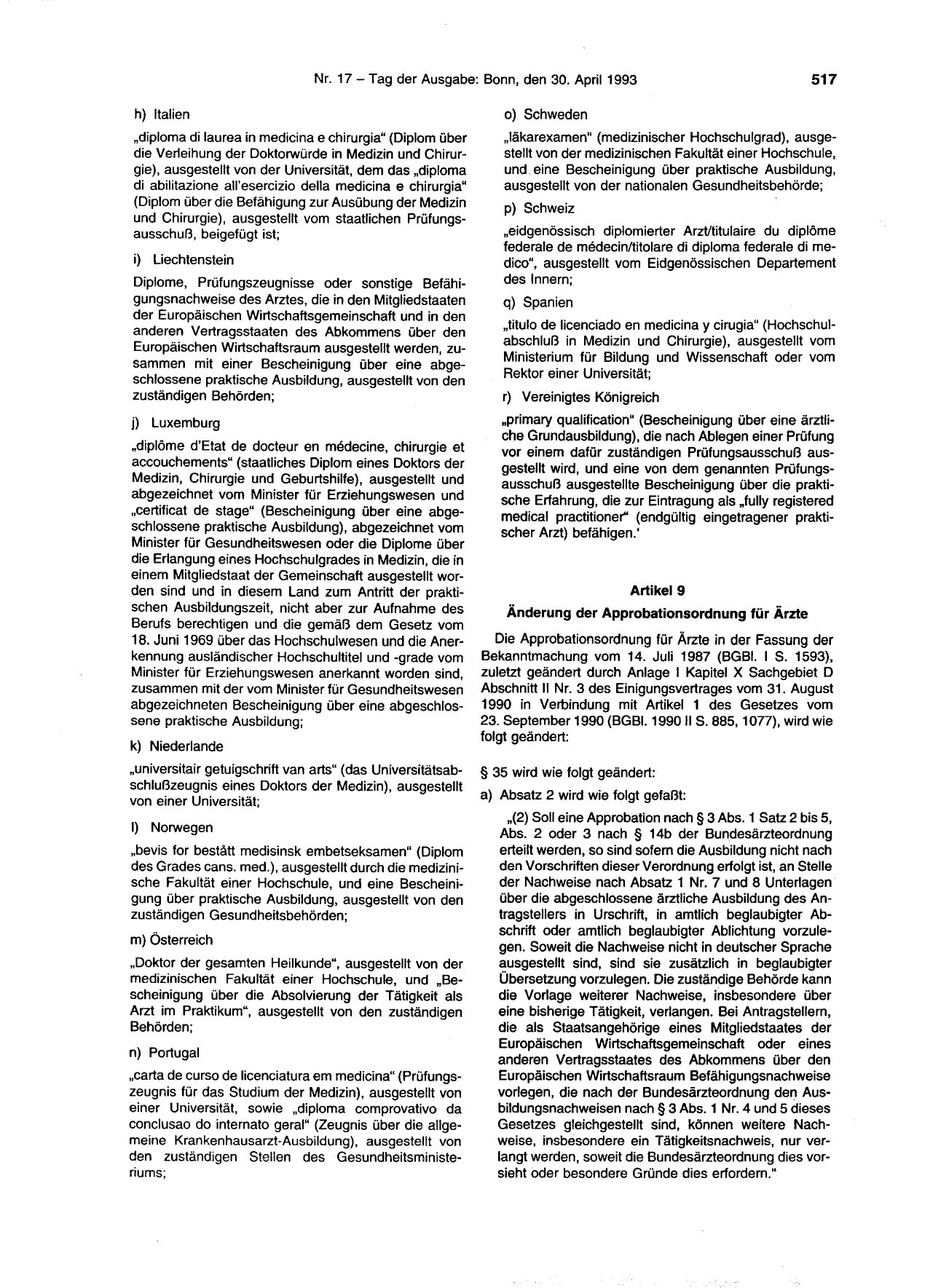 BGBl. 1993, Seite 517 — Originalseite als Abbildung