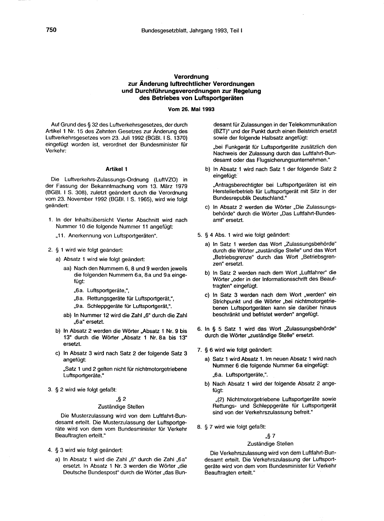 BGBl. 1993, Seite 750 — Originalseite als Abbildung