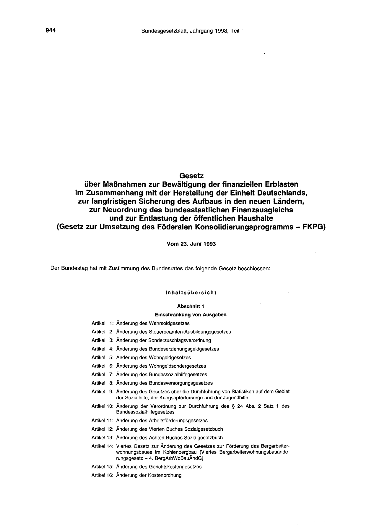 BGBl. 1993, Seite 944 — Originalseite als Abbildung