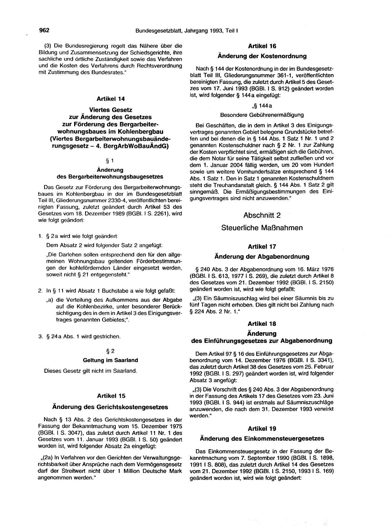 BGBl. 1993, Seite 962 — Originalseite als Abbildung