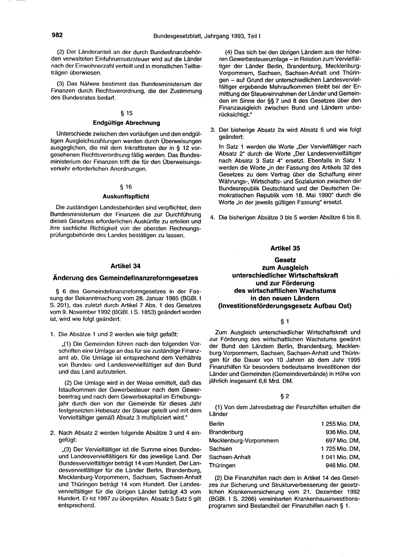 BGBl. 1993, Seite 982 — Originalseite als Abbildung