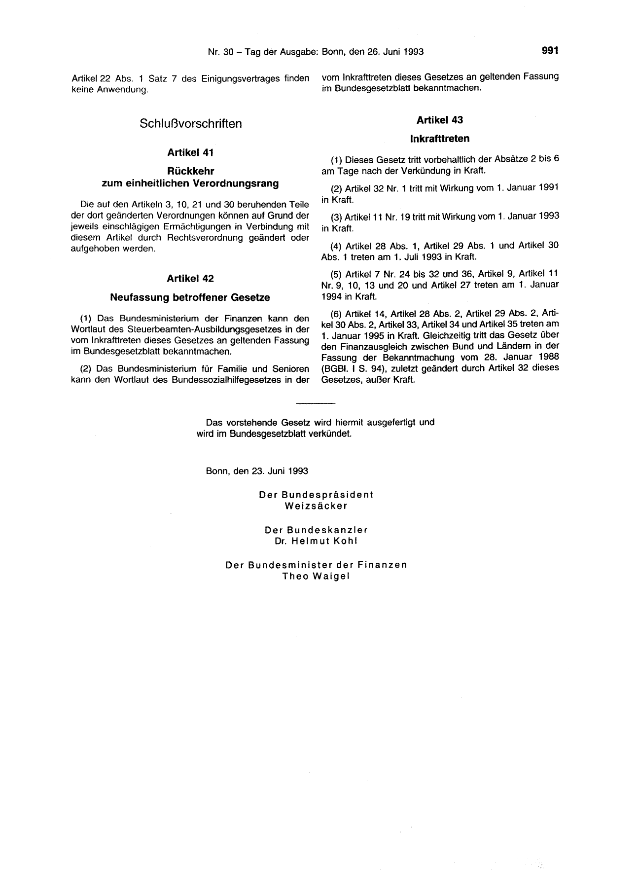 BGBl. 1993, Seite 991 — Originalseite als Abbildung