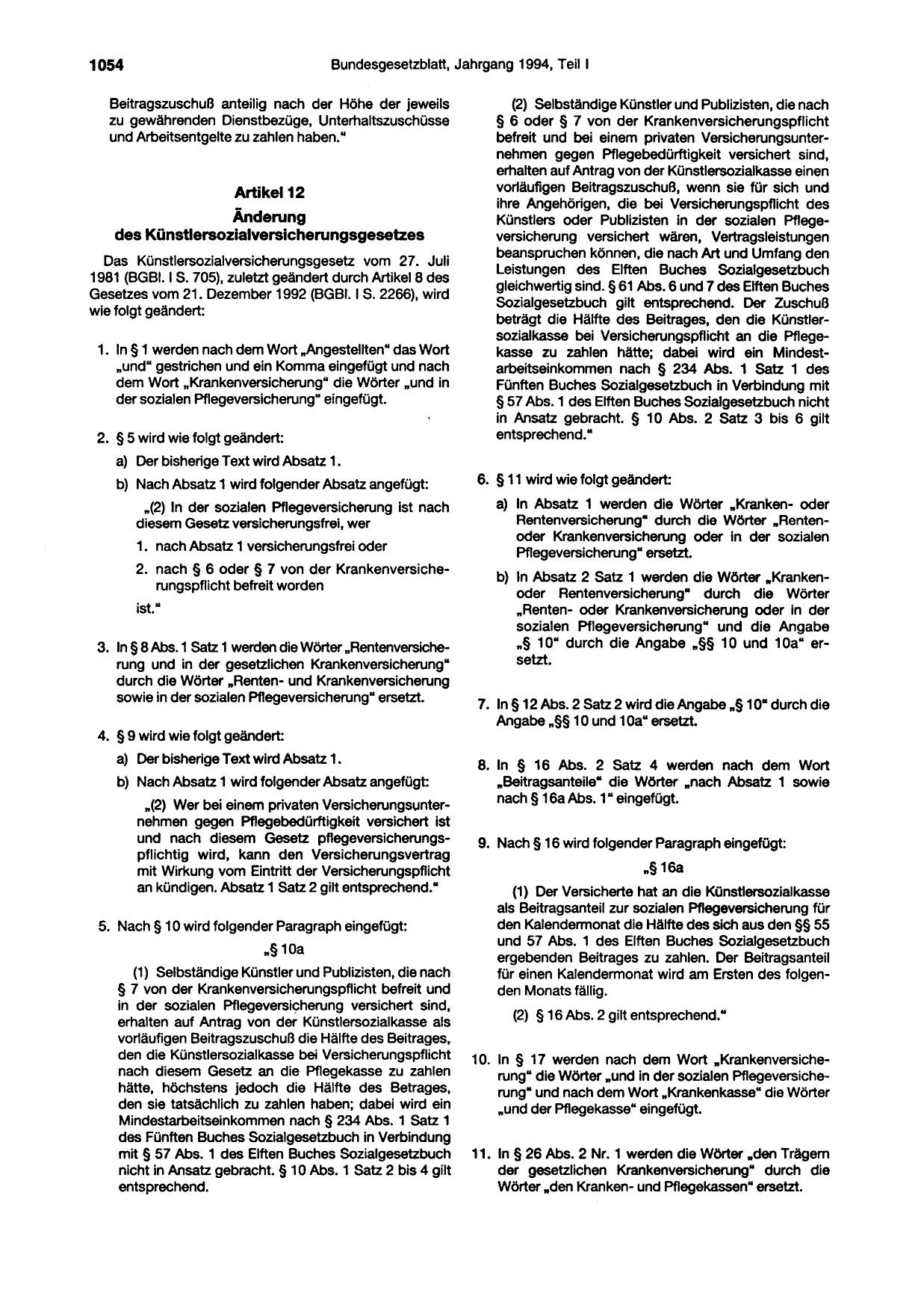 BGBl. 1994, Seite 1054 — Originalseite als Abbildung