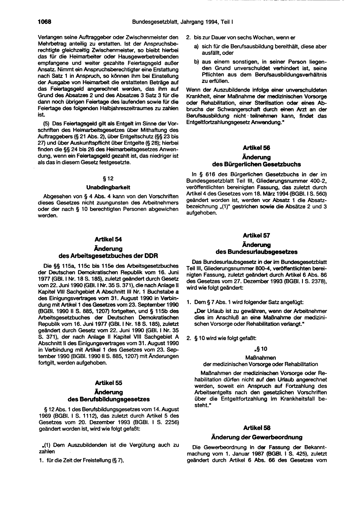 BGBl. 1994, Seite 1068 — Originalseite als Abbildung