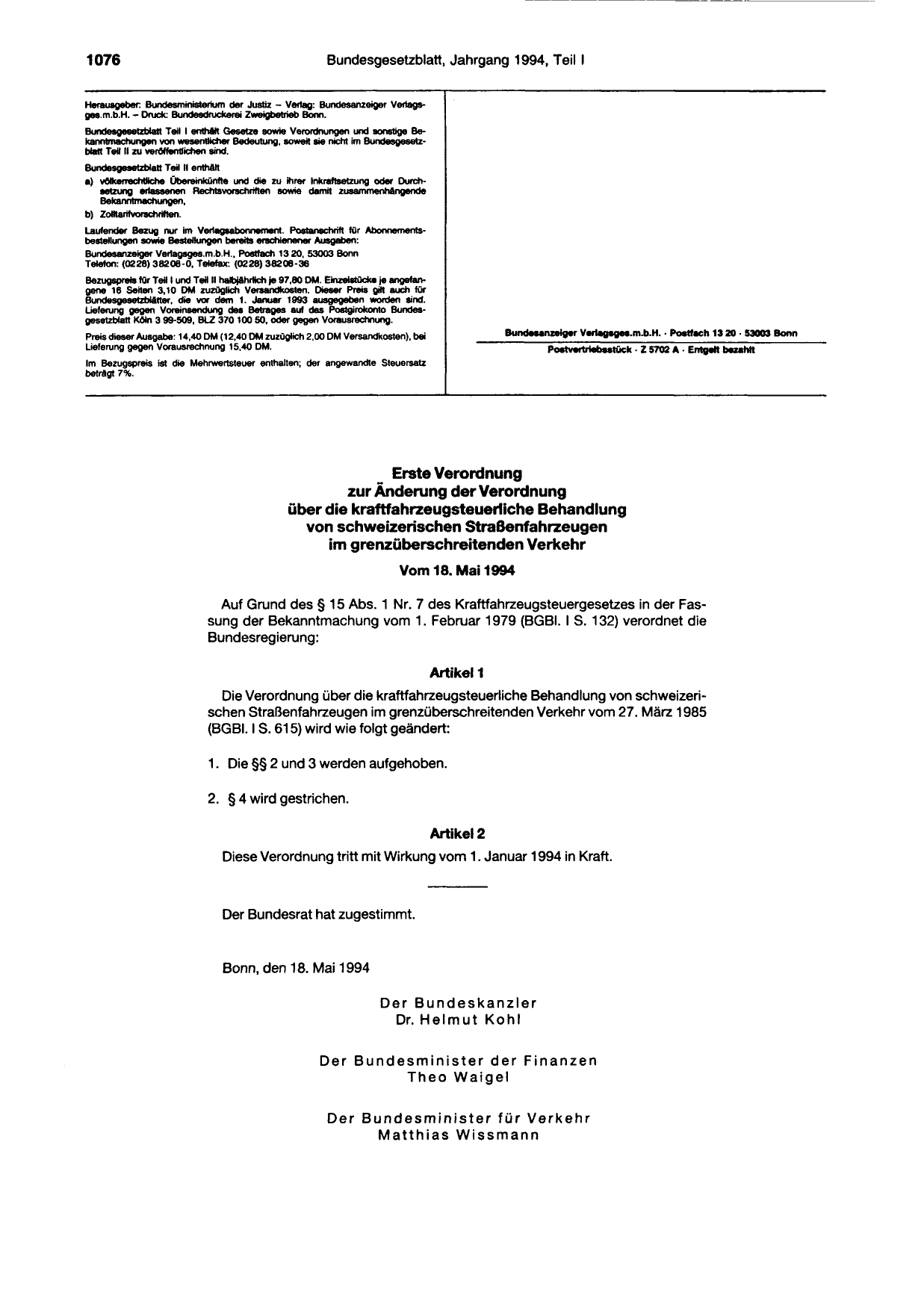 BGBl. 1994, Seite 1076 — Originalseite als Abbildung