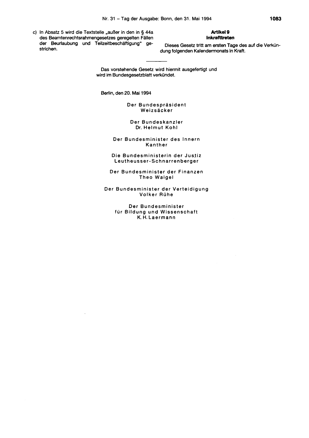 BGBl. 1994, Seite 1083 — Originalseite als Abbildung