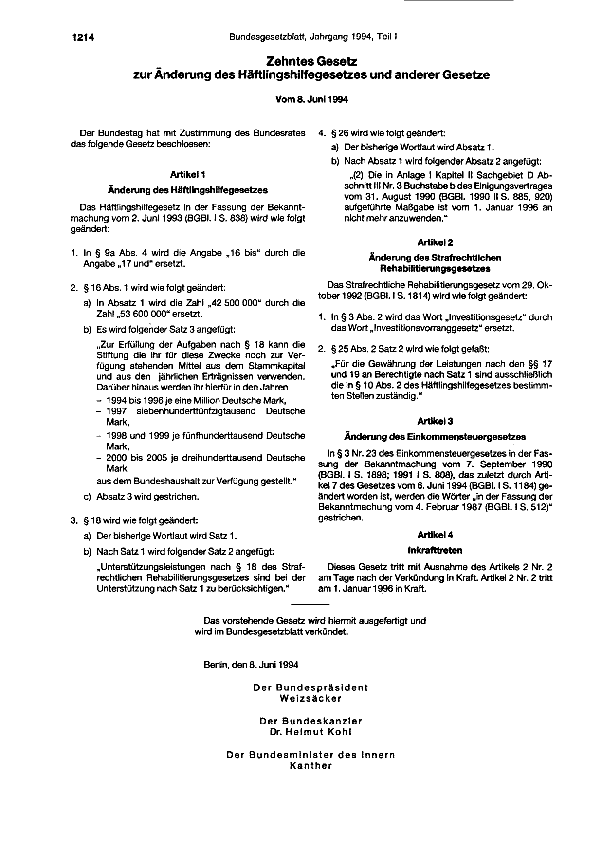 BGBl. 1994, Seite 1214 — Originalseite als Abbildung