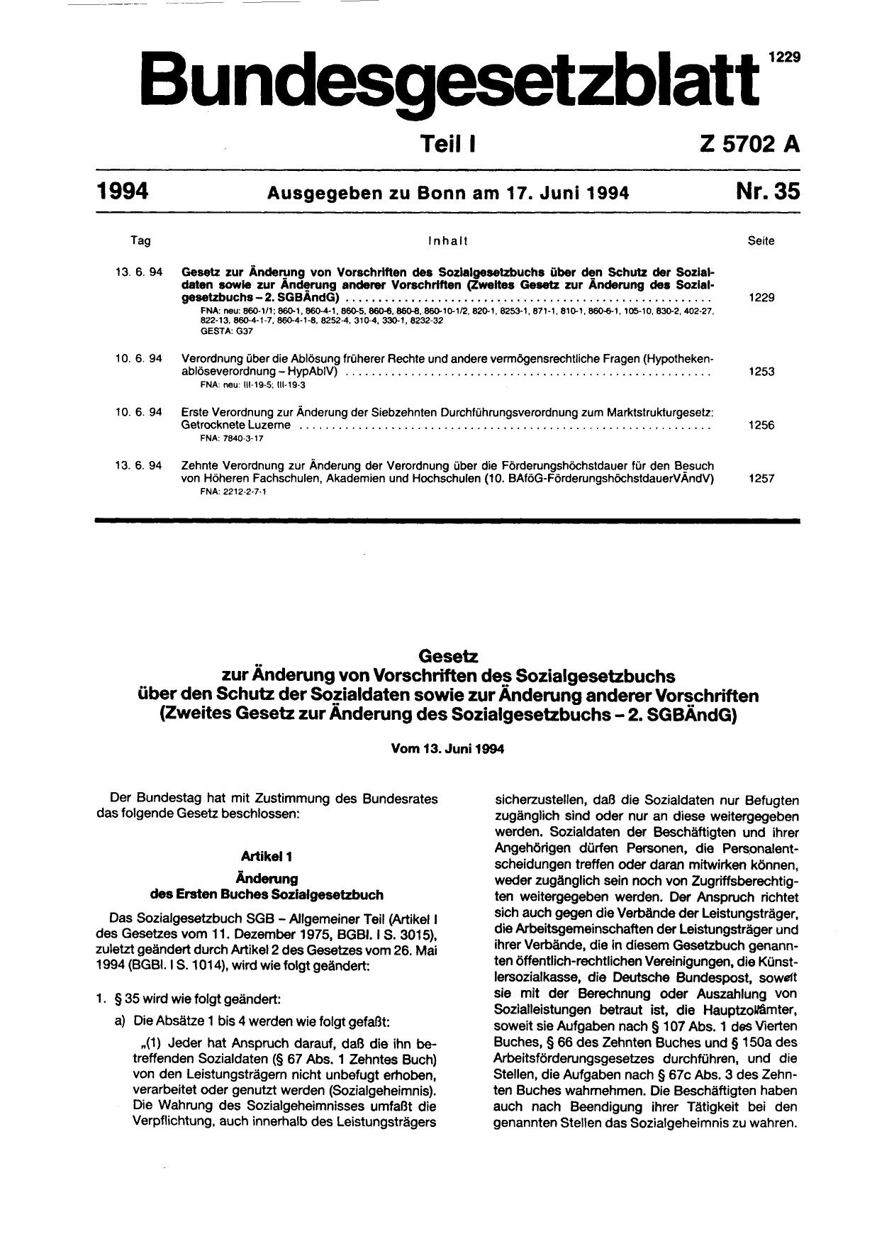 BGBl. 1994, Seite 1229 — Originalseite als Abbildung