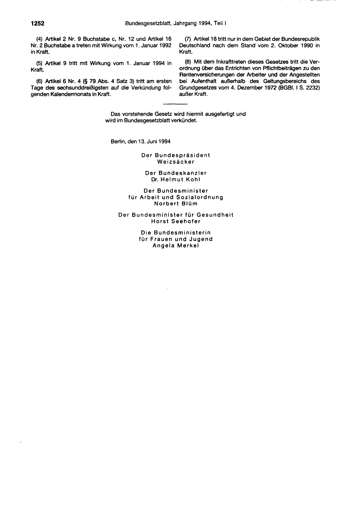 BGBl. 1994, Seite 1252 — Originalseite als Abbildung