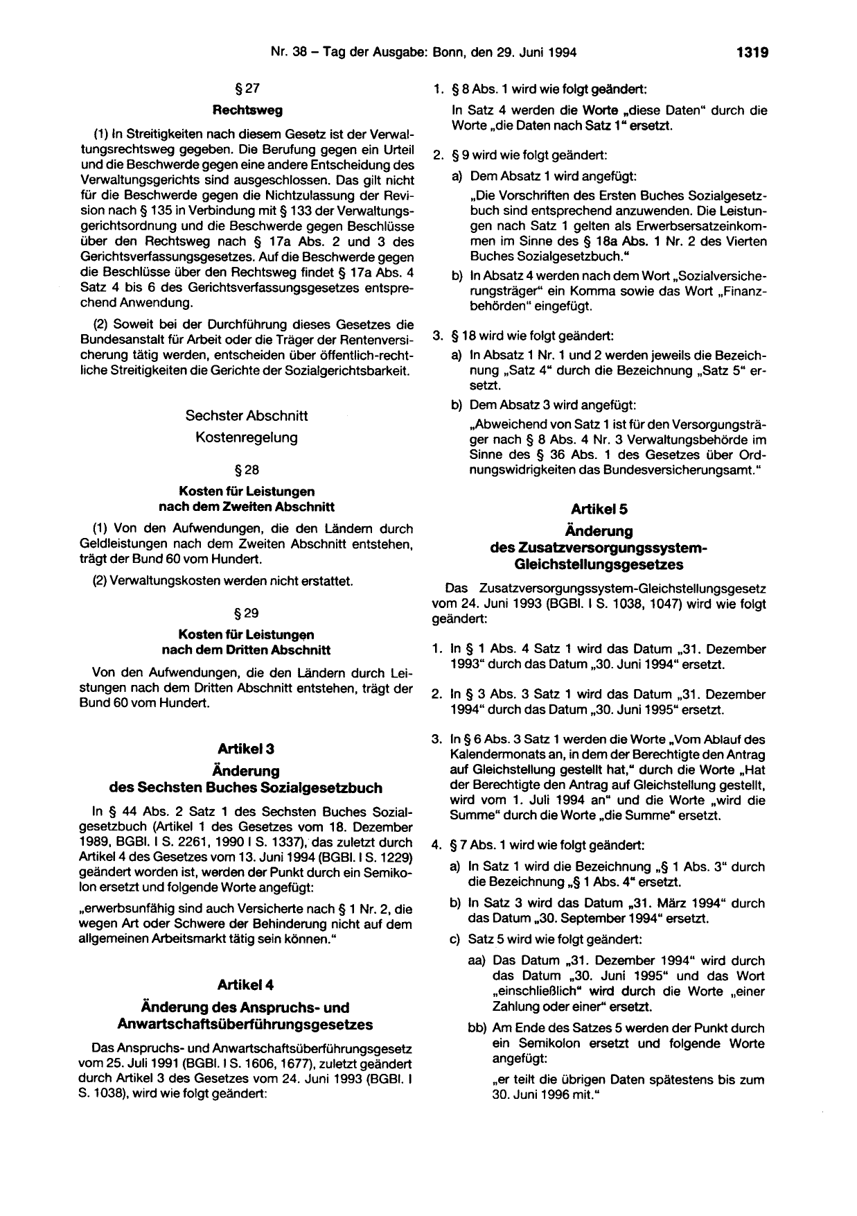 BGBl. 1994, Seite 1319 — Originalseite als Abbildung