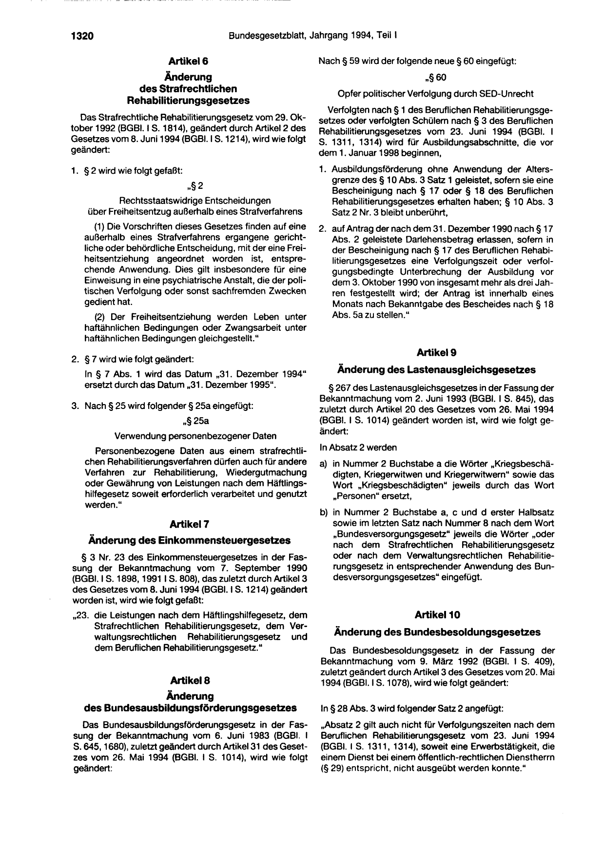 BGBl. 1994, Seite 1320 — Originalseite als Abbildung