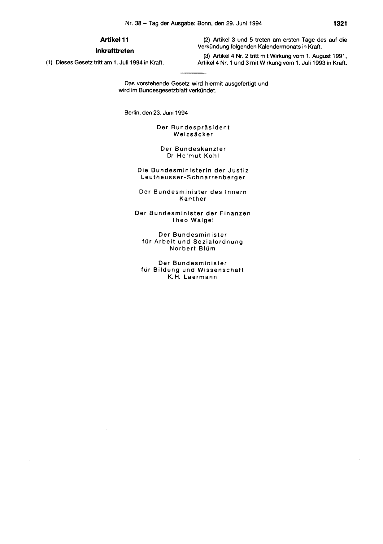 BGBl. 1994, Seite 1321 — Originalseite als Abbildung