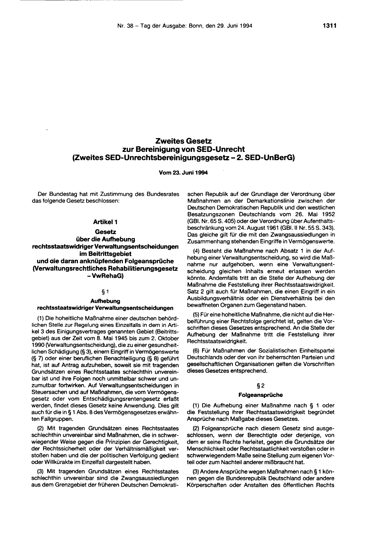 BGBl. 1994, Seite 1311 — Originalseite als Abbildung