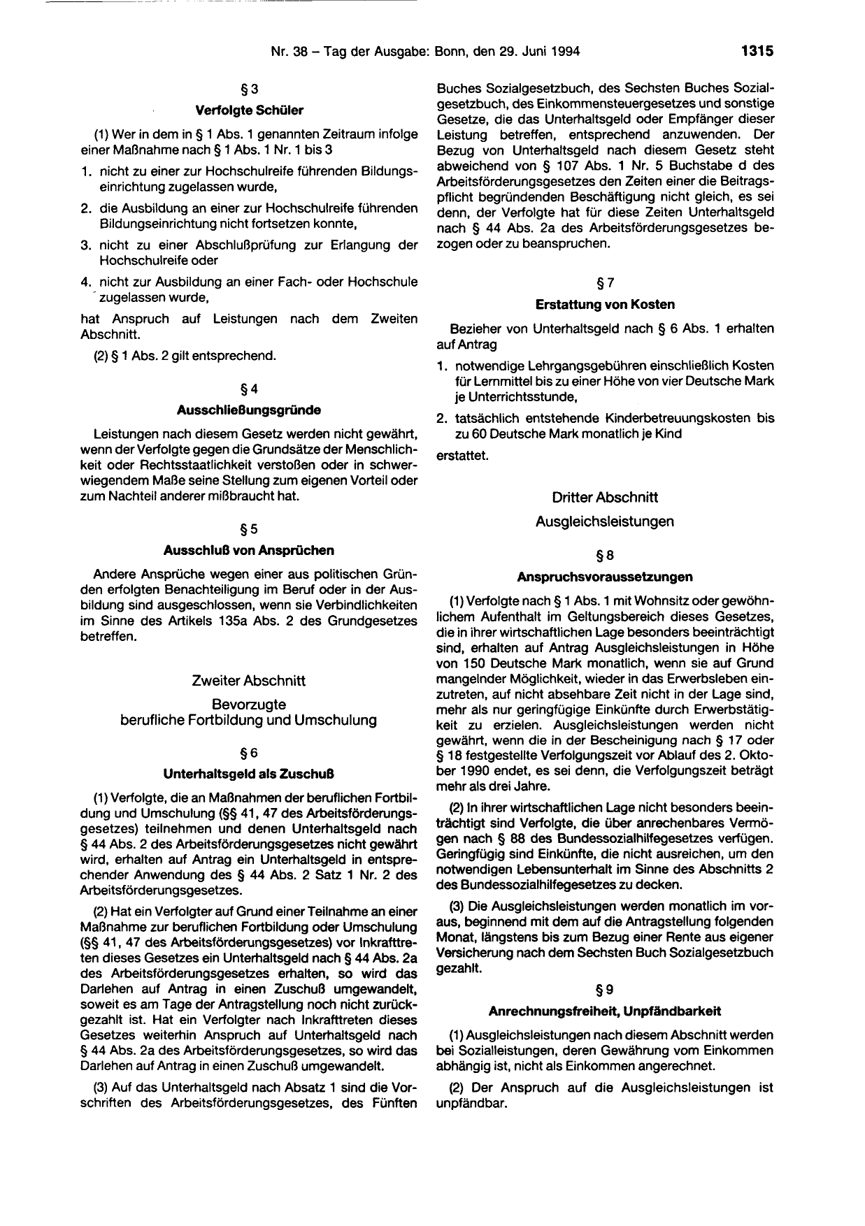 BGBl. 1994, Seite 1315 — Originalseite als Abbildung