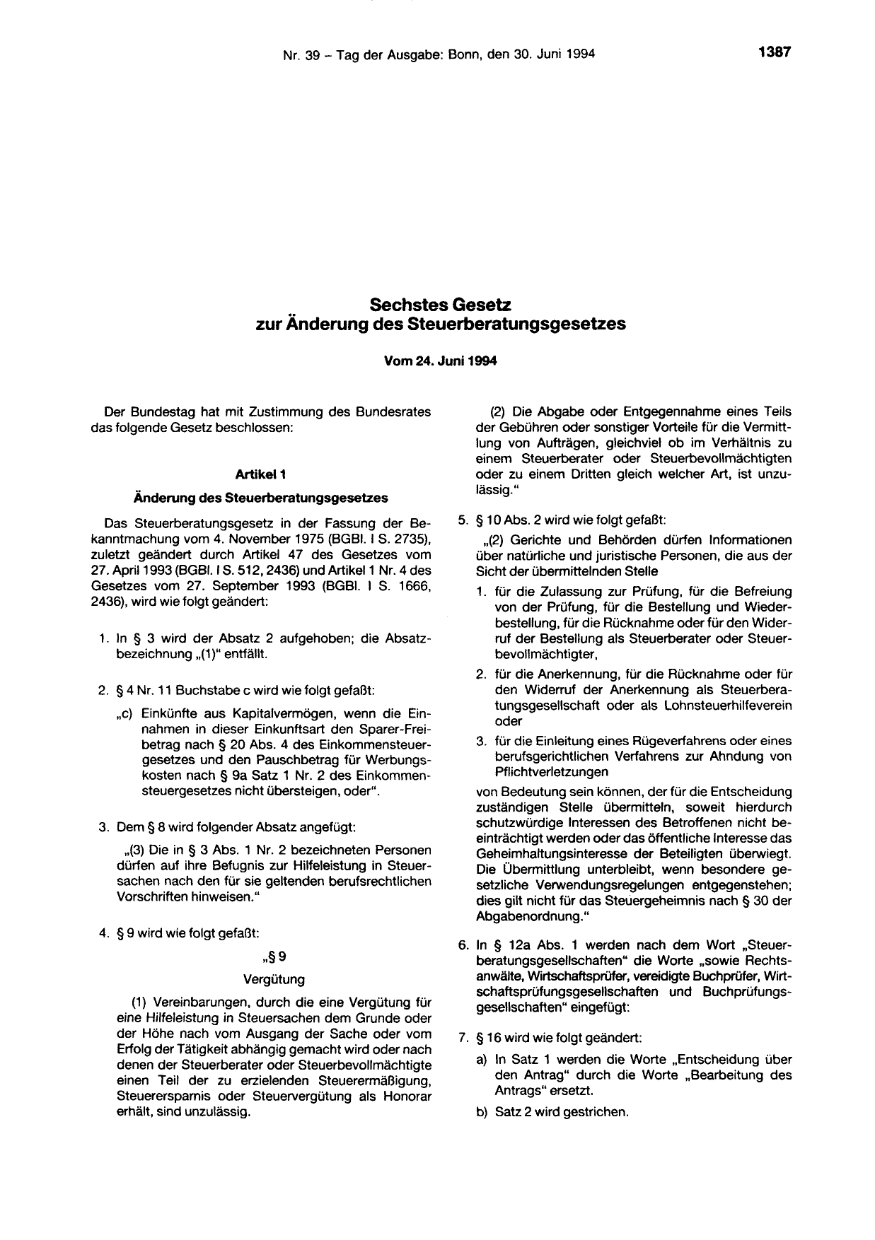 BGBl. 1994, Seite 1387 — Originalseite als Abbildung