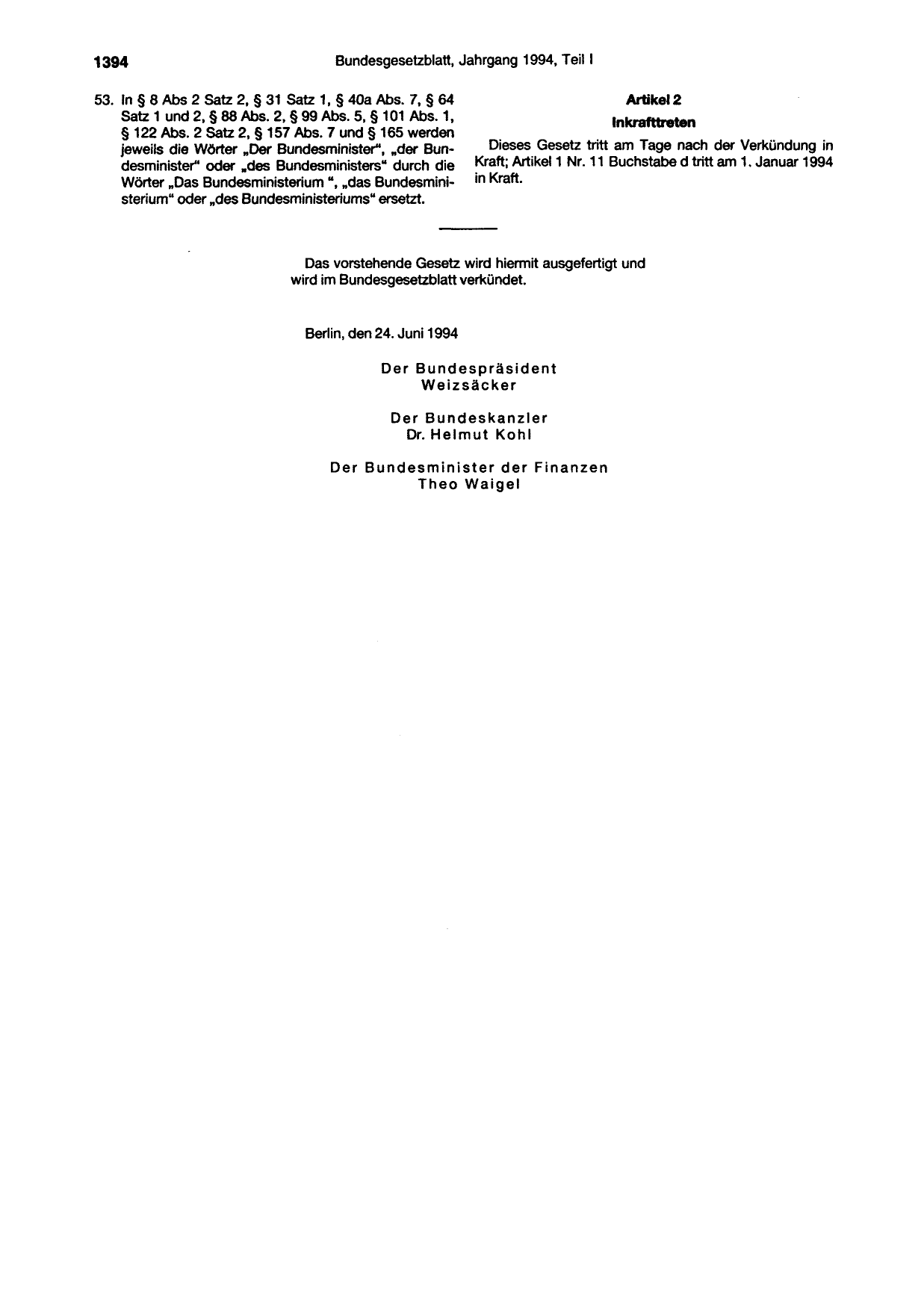 BGBl. 1994, Seite 1394 — Originalseite als Abbildung
