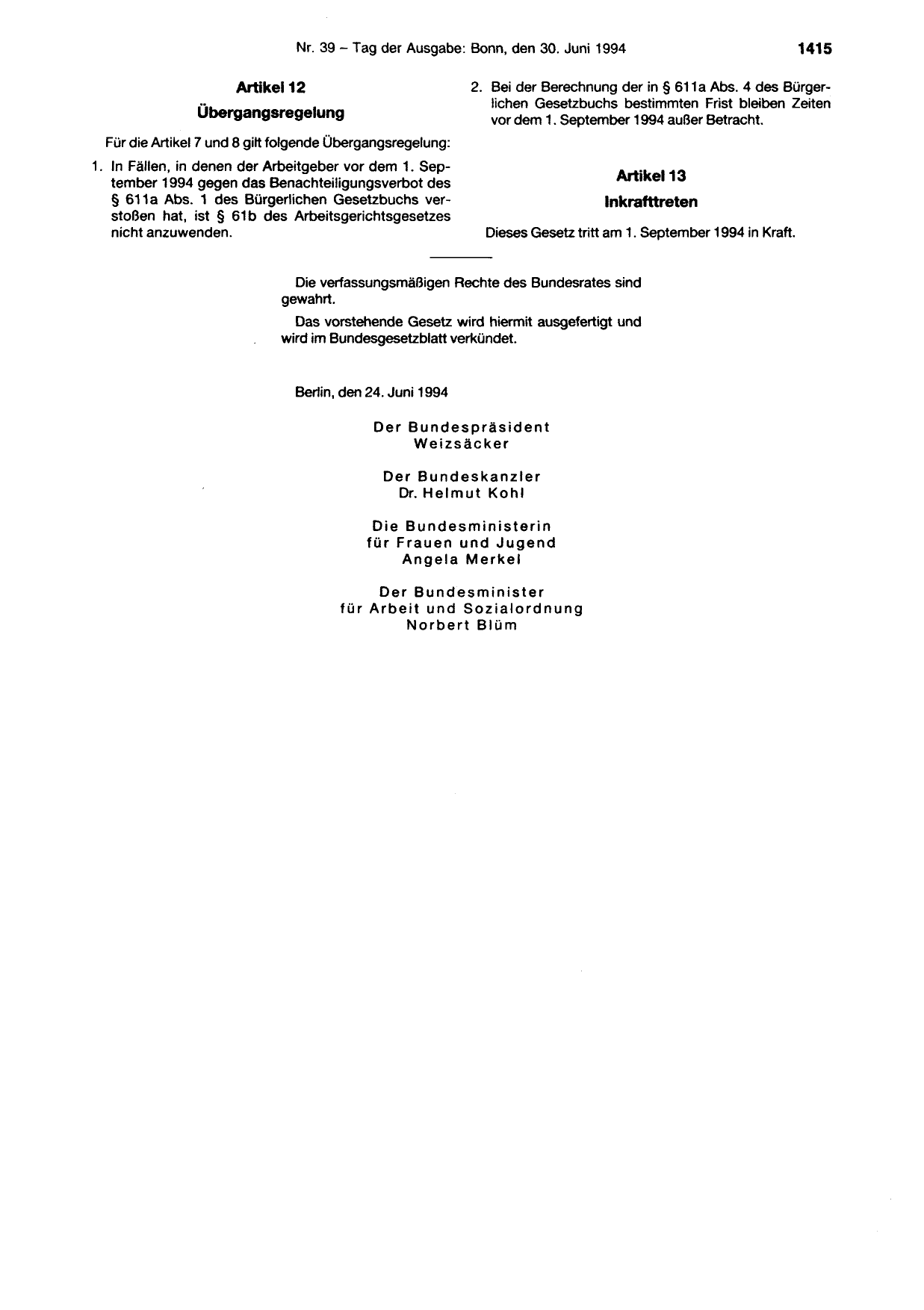 BGBl. 1994, Seite 1415 — Originalseite als Abbildung
