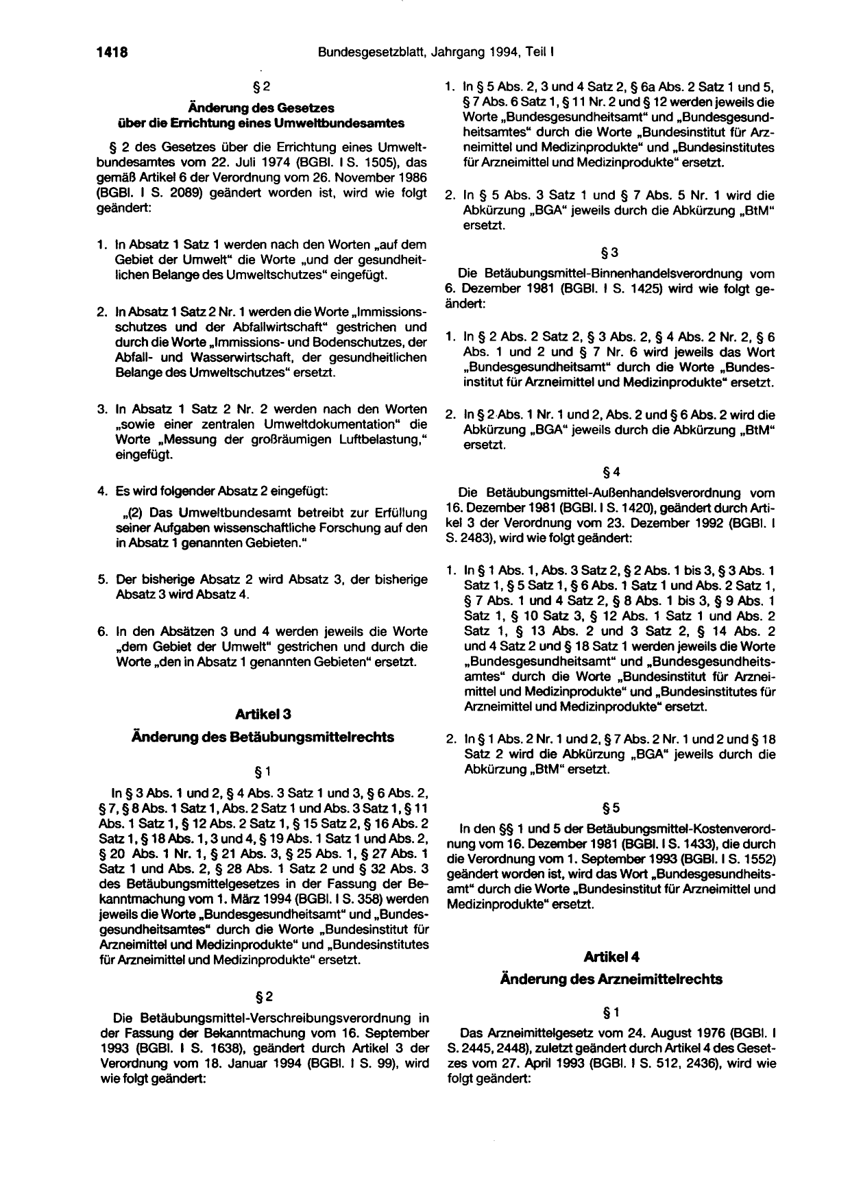 BGBl. 1994, Seite 1418 — Originalseite als Abbildung