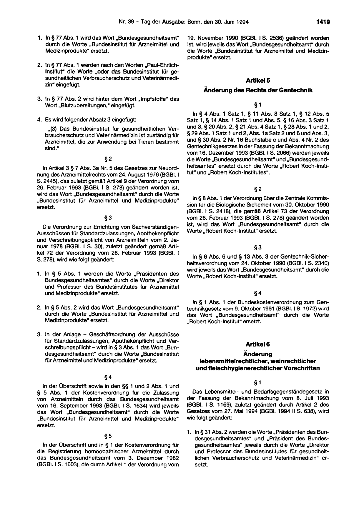 BGBl. 1994, Seite 1419 — Originalseite als Abbildung