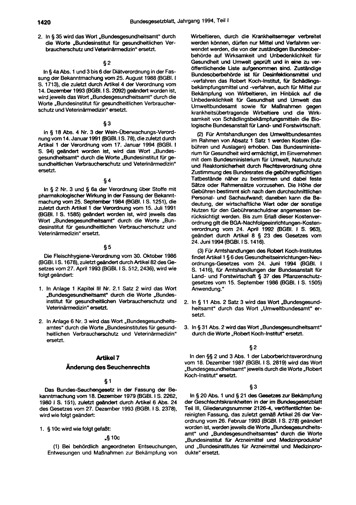 BGBl. 1994, Seite 1420 — Originalseite als Abbildung
