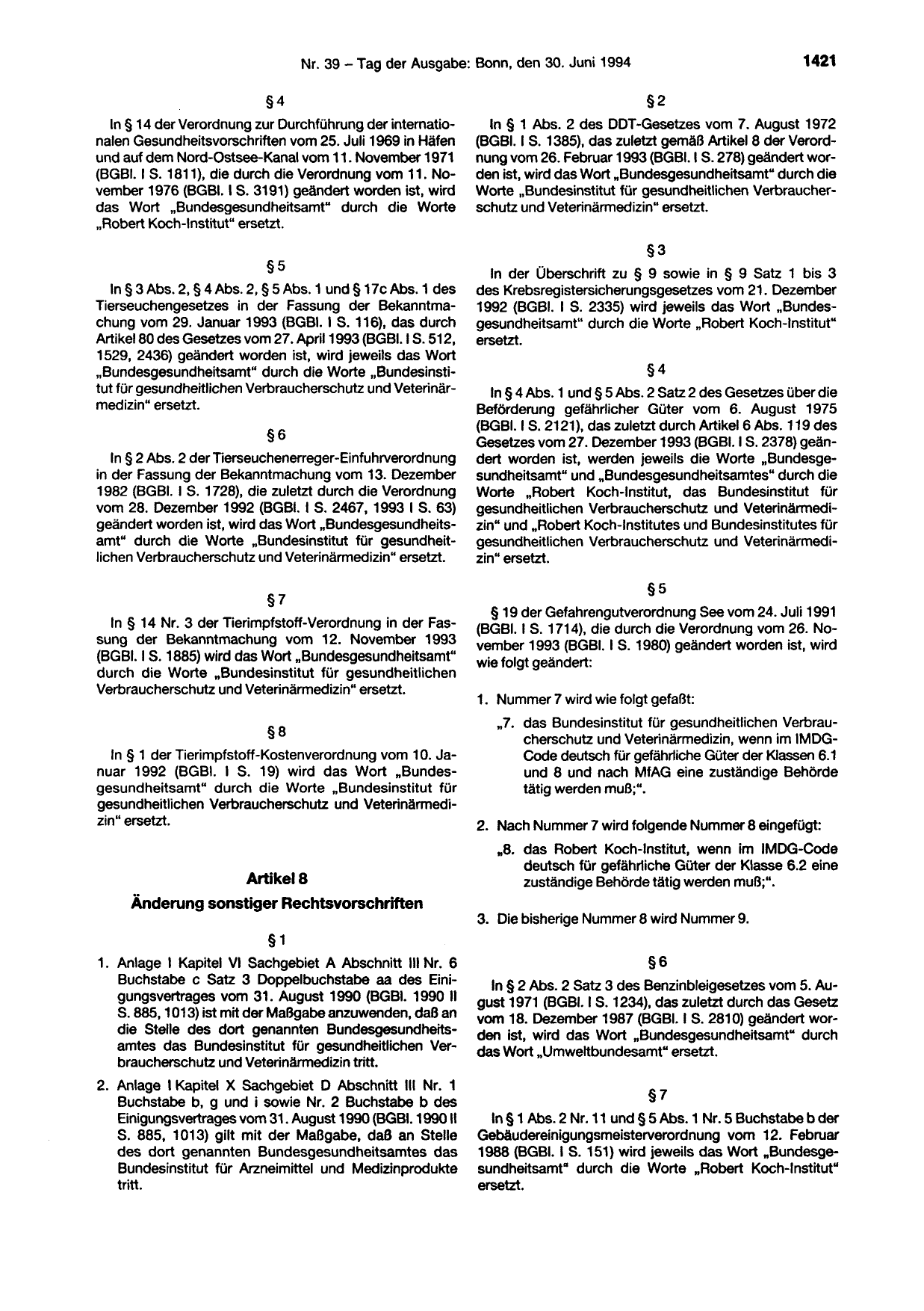 BGBl. 1994, Seite 1421 — Originalseite als Abbildung