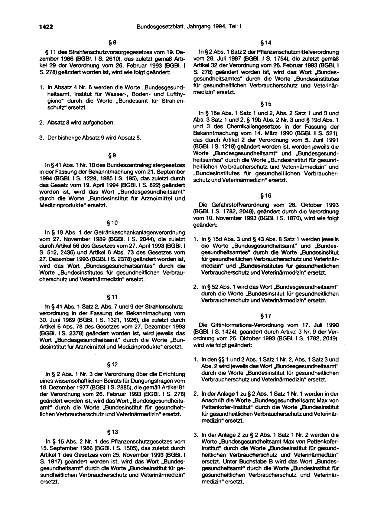 BGBl. 1994, Seite 1422 — Originalseite als Abbildung