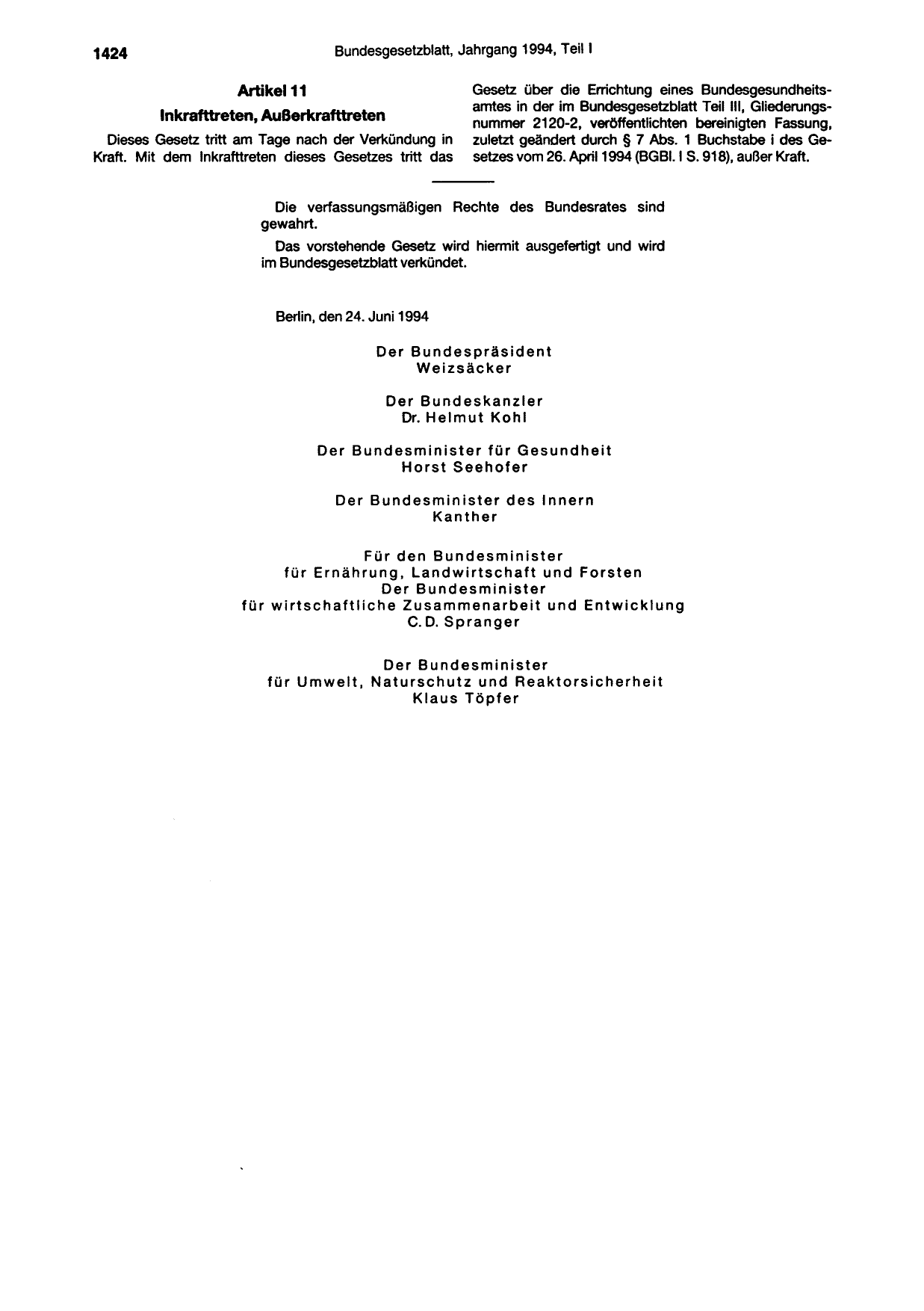 BGBl. 1994, Seite 1424 — Originalseite als Abbildung