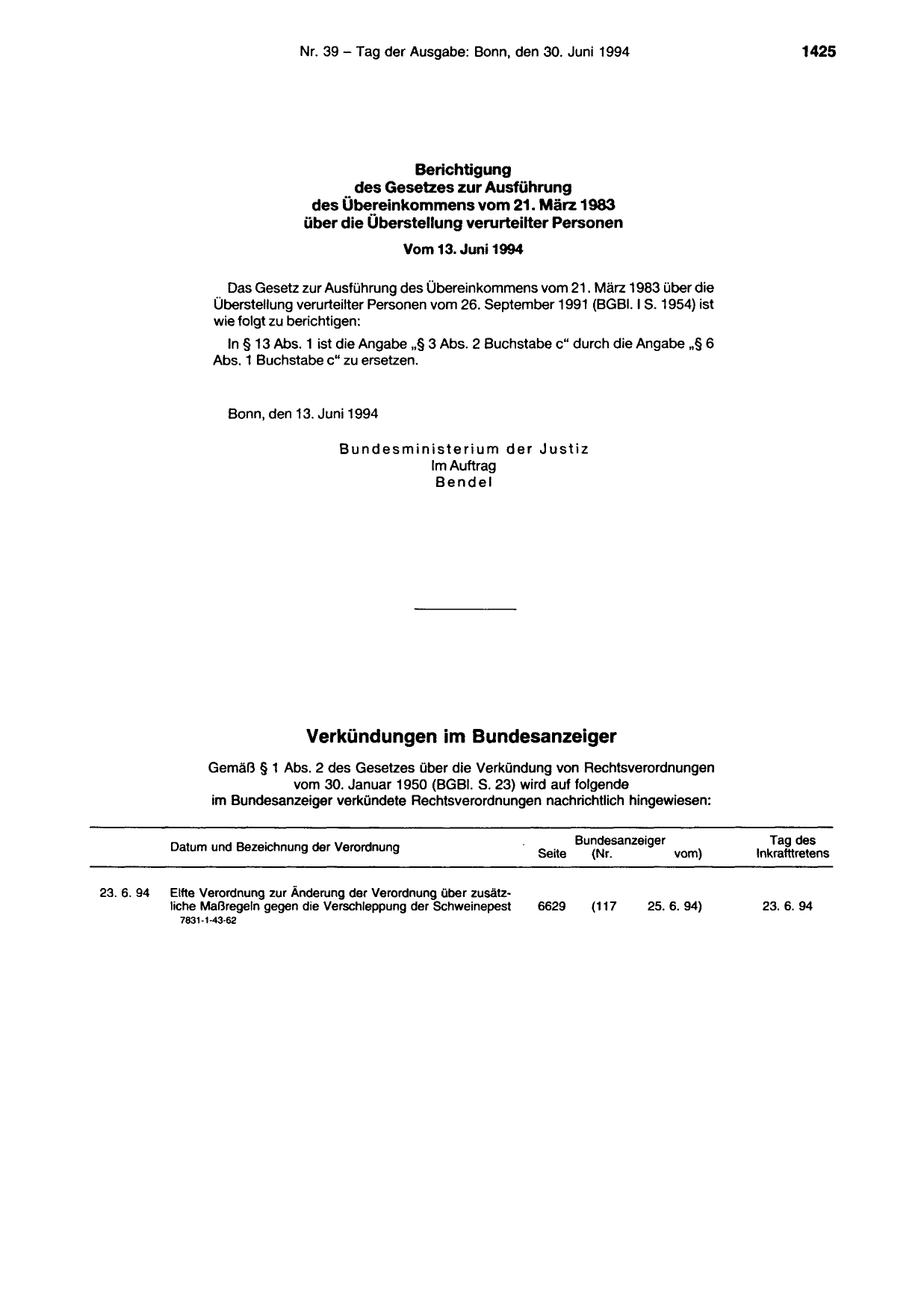 BGBl. 1994, Seite 1425 — Originalseite als Abbildung
