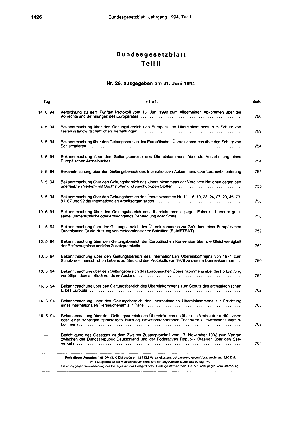 BGBl. 1994, Seite 1426 — Originalseite als Abbildung
